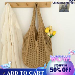 【Chinatera】Women Crochet Tote Bag Mesh Beach Bag Large Capacity Woven Shoulder Bag Solid Color Casual Handbag for Travel Vacation