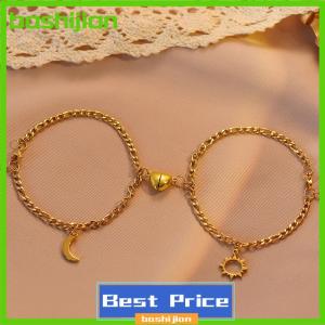 bashijian 2PCS Stainless Steel Non-fading Hip-hop Hand Chain Love Magnet Sun Moon Bracelet For Couple Girlfriend Simple Hand Jewelry