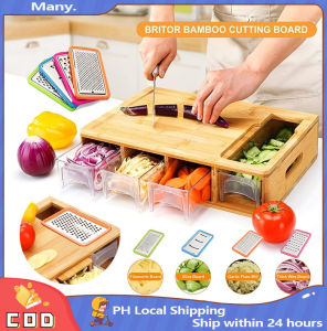 Kitchen Utensils Set Bamboo Cutting Board With 4 Drawer Tray and 4 Graters Modern Home Chopping Board Vegetables Fruits Cutter and Slicer Potatoes Fries Cutter Food Storage Box With Lids