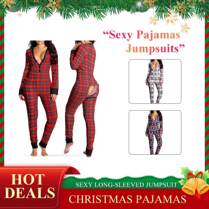 Pyjamas Sexy Women Female Sleepwear V Neck Jumpsuit Suit Front Back Butt Bum Open Ass Flap Print