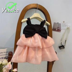 YESSICA เสื้อผ้าเด็กผู้หญิงแต่งตัวฤดูร้อนเด็กสไตล์กลิ่นหอมเล็กโบว์สีชมพูตาข่ายชุดเจ้าหญิงหวาน