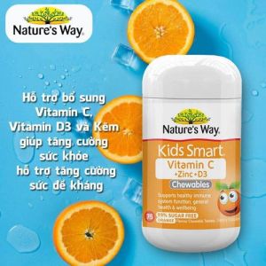 Viên Nhai Bổ Sung Vitamin Cho Bé Nature’s Way Kids Smart Vitamin C+ZinC+D3 Chewable 75 Viên - - Sở hữu công thức đặc biệt với 3 chất dinh dưỡng quan trọng (Vitamin C Zin C D3) giúp hỗ trợ hệ thống miễn dịch mắt xương da và sức khỏe của trẻ. - Sả