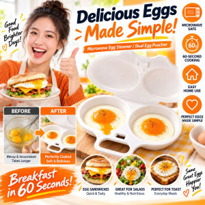 Egg Steamer For Microwave Dual Compartment Heat Resistant Cooker Steam 2 Eggs At Once Fast BPA Free Non Toxic Material Easy Clean Dishwasher Safe