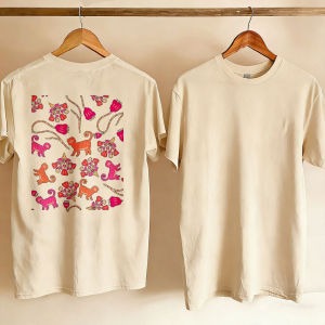 [Local Stock] HBESTY  Floral Crew Neck Short Sleeve T Shirt With Stylized Cats Abstract Flowers Relaxed Funny Outdoors High Quality Cotton Short-sleev