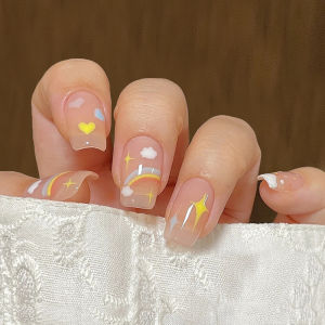 Pola bintang awan pelangi kuku palsu panjang COD 24pcs kuku palsu nail art Pola lukisan bunga kuku lucu berkualitas tinggi kuku palsu + lem Gratis lem 2g
