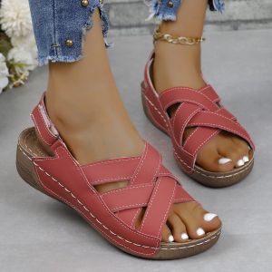 Free Shipping Plus-Size New Summer WomenS Wedge Sandals Thick-Soled Buckle-Strap Fish-Mouth Sandals Solid-Color Wedge Sandals
