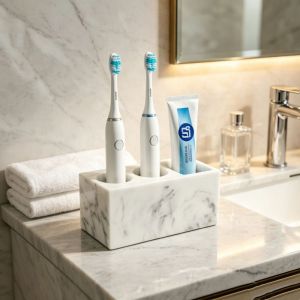 Diatomaceous Earth Toothbrush Holder 3 Slot Marble Toothpaste Organiser Quick Water Absorption Bathroom Countertop Storage Rack Electric Toothbrush Stand Space Saving Wash Basin Vanity Storage Holder Modern Bathroom Accessories