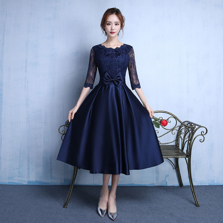 wedding evening dress skirt female bridesmaid dress blue long sleeve dress  Lazada Indonesia