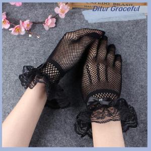 Ditur Women Vintage Sheer Short Lace Gloves Bride Wedding Gloves Derby Tea Party Wrist Length Floral Gloves for Dinner Fancy Costume Accessories Gloves