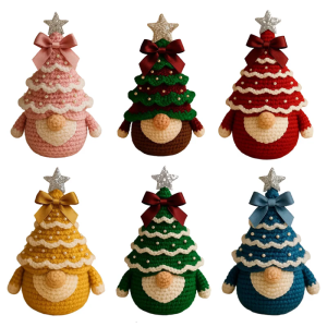Crochet Christmas Tree Gnomes Set Soft Cotton Yarns Handmade for Festival Home Decoration Holiday Ornament