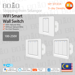 BOIO Tuya WiFi Smart Switch Push Button Wall Light Switch No Neutral Wire No Hub Require Work With Smart Life App TuyaVoice Control Alexa Home Compatible
