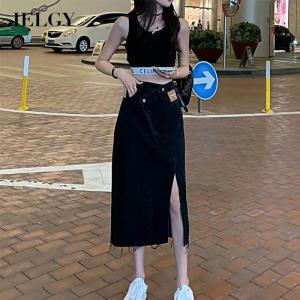 IELGY Chân Váy Không Đều Dáng Ôm Cạp Cao Xẻ Bằng Denim Cho Nữ