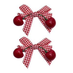 Pack of 2 Checked Bows Cherry Hair Clip with Metal Teeh Grip NonSlip Lovely Barrettes for Girls Women Everyday Wear