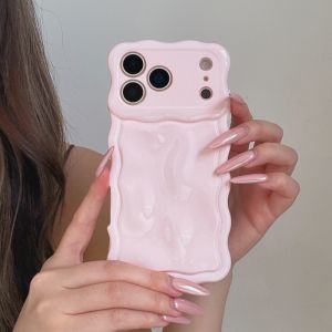 Luxury Wave Border Meteorite Pattern Case for iPhone 17 16 15 14 Pro Max Plus 13 Air Glossy Wrinkle Candy Solid Color Soft Cover