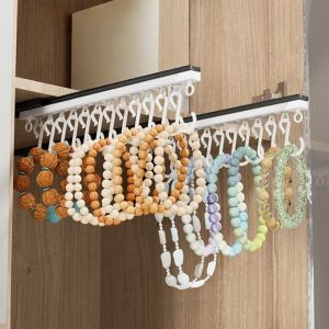 SKYJS Plastic Sliding Rail S Hooks Push and Pull Stainless Steel Wall-mounted Jewelry Display Multifunctional Self-adhesive Bracelet Necklace Watch Key Storage Cabinet