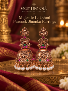 [SG] Majestic Lakshmi Peacock Jhumka Earrings | Antique Copper Look | Goddess Lakshmi Inspired | Pink & Green Stone Accents | White Pearl Drops | Traditional Indian Temple Jimikki Earrings | ear me out (EMO-420)