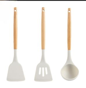 1 SET 3 PCS White Silicone Kitchenware Cooking Utensils Set Wooden Handle Non-Stick Spatula