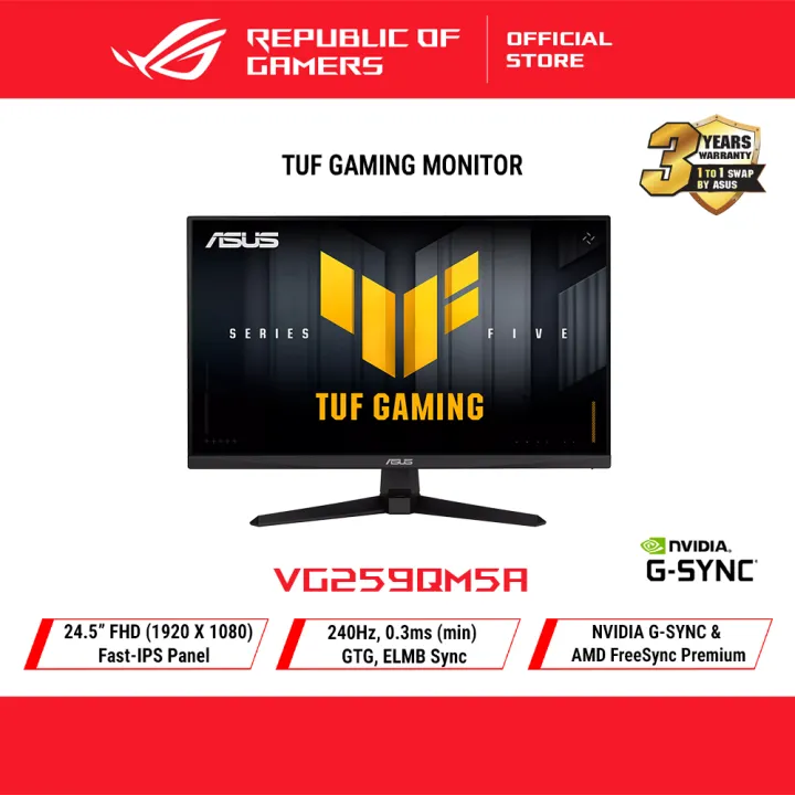 TUF Gaming Series 5 - VG259QM5A Gaming Monitor – 24.5-inch Full HD Fast-IPS panel, 240Hz, 0.3ms, G-SYNC® compatible AMD FreeSync™ Premium, ELMB SYNC, 99% sRGB,