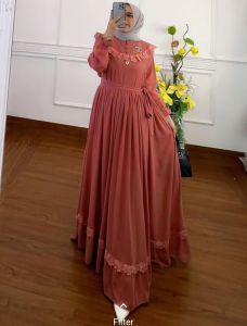 (COD) Dress Wanita Gamis Naraya Bahan Full Ceruty Aplikasi Renda Prada Terbaru