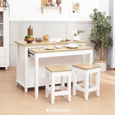 Dekoruma Kanou Meja Makan Kayu Minimalis Lipat atau Meja Dapur Serbaguna dengan 2 Stool | Kitchen Island