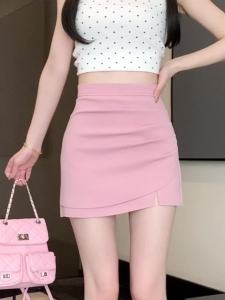 AMMIN 2024ฤดูร้อนกางเกงคอมมิวเตอร์ผู้หญิงดีไซน์เอวสูงเข้าได้กับทุกชุดมีกระโปรงมีจีบที่ไม่ปกติสไตล์เกาหลีเอไลน์พันสะโพกป้องกันการกระโปรงซับใน