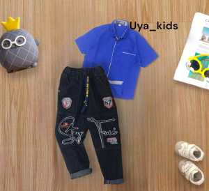 SETELAN kemeja polos anak casual terlaris dengan celana jeans panjang hitam untuk umur 1 tahun sampai 12 tahun///pakaian anak polos lengan pendek termurah edisi lebaran///setelan baju anak casual celana jeans panjang hitam bisa cod///