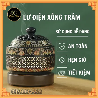 Lư điện xông bột gỗ trầm trầm miếng dăm lư hương lò xông bằng điện có hẹn giờ có đèn đủ phụ kiện