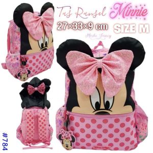 Tas Ransel Sekolah Minnie Mouse Disney / Tas Sekolah Disney Minnie Anak Perempuan / Backpack School Mickey Minnie size Anak SD - size M Pink (+Topi)