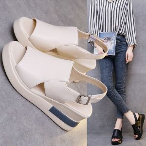 [Free Shipping] Thick-Soled Large-Size High-Heeled Sandals With An Open Back Featuring A Buckle Closure Platform Heels And A Wide Strap Design Suitable For Summer Wear And Outdoor Use