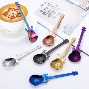 KECTTIO Cute Rose gold Guitar Shaped For Sugar Dessert Ice Cream Black Stainless Steel Drinking Tool Coffee Spoon Teaspoon Flatware