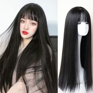 Wanita wig rambut panjang poni udara temperamen rambut lurus panjang alami dan realistis wajah berbulu dipangkas penutup wig kepala penuh