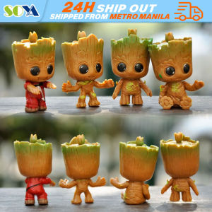 4PCS Cute Groot Miniature Model Home Supplies Decoration Figurine Handicrafts Anime Hero Tree Man Character Decoration Ornament Baby Groot Flowerpot Toy Pen Pot Holder PVC Action Figures