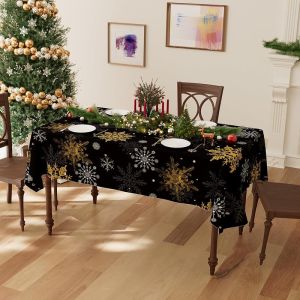Christmas Black Background White and Yellow Snowflakes Winter Xmas Tablecloth Cloth Round Washable Table Covers for Indoor Outdoor Dining Table Home Party Decorations 60x60 Inch