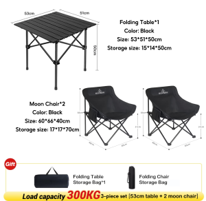 【COD Available】Black 3-Piece Portable Folding Camping Table & 2 Moon Chairs Set | 53cm Foldable Outdoor Table Chair with Free Storage Bags for Picnic Beach Garden Party