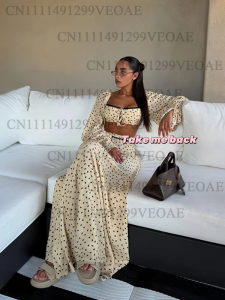 Women Polka Dot All-Matching Set Square Neck Puff Sleeve Cropped Top High Waist Lace Trim Maxi Skirt 2026 Summer Dress Outfits2026