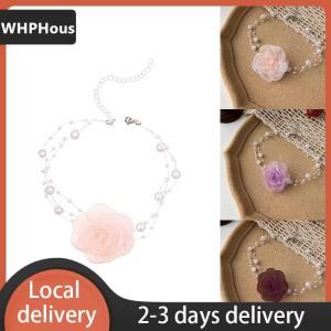 [COD] WHPHous Ship within 24 hours Romantic Pearl Choker Camellia Necklace Summer Clavicle Chain With Fabric Flowers Pearls For Women Dinner Party Jewelry