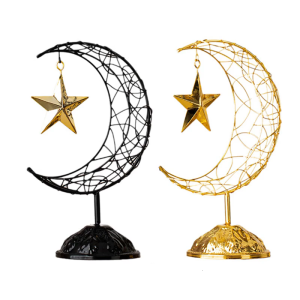 Ramadans Eid Mubarak Table Decoration Handheld Metal Moon and Star Ornament with Base for Islamic Centerpieces Decors