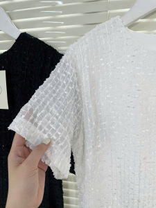 Đen/ Trắng Tơ kẻ ô lấp lánh Có lót Đầm maxi chữ A cổ tròn tay ngắn form dài basic thanh lịch nữ tính BEWI DRESS