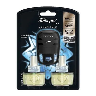 Ambi Pur Luxe Car Vent Clip Car Air Freshener 7.5ml x 2 Extra Refill Fresh Long Lasting Fragrance Eliminates Odor