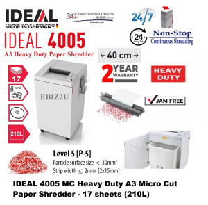 IDEAL 4005 CC 2 x 15mm Oiler Heavy Duty A3 Micro Cut Paper Shredder - 30 sheets (210L) (non stop Micro Cut mesin perincih kertas)