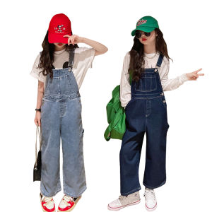 Rolanko ชุดจั๊มเปอร์แบบลำลองสำหรับเด็กผู้หญิงสำหรับเด็กชุดเอี๊ยมกางเกงกางเกงยีนส์มีกระเป๋าสวมใส่ทุกวันสีฟ้า5-14ปี