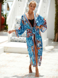 2024 ชุดกิโมโนเสื้อชายหาดแขนยาวผู้หญิงแบบเสื้อคลุมบิกินี่มีเข็มขัดพิมพ์ลายสไตล์โบฮีเมียน