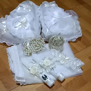wedding accessories cream..6in1 with cord pearl gold arras gold pillow heart veilleg garter& unity candle