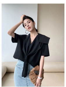 Alisa.Sonya Áo Sơ Mi Cổ Màu Xanh Hải Quân Áo Sơ Mi Nữ Tay Ngắn 2021 Thiết Kế Áo Cánh Dáng Rộng Màu Đen