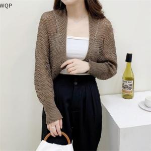 [WQP Fashion Store] Flash Sale Jewelry Summer Women Solid Color Hollow Out Long Sleeve Sunscreen Loose Knitted Cardigan