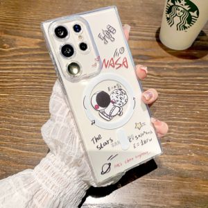 CrashStar MagSafe Cute Astronaut Soft Transparent Phone Case For Samsung Galaxy Note 20 Ultra S25 S24 S23 S22 Ultra S21 Plus + S20 FE Note 10 Pro A16 A06 A55 A35 A15 A05S Wireless Charging Phone Casing Shockproof Phone Cover Shell With Camera Protection