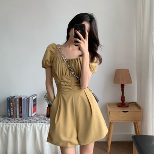 Womens Puff Sleeves Waist Strapless Jumpsuit High-waist Pleated Wide-leg Short Romper