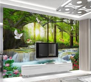 Custom leisure green big tree forest waterfall landscape wallpapers for living room bedroom decor self-adhesive mural