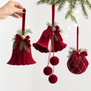 YIYIUR Plastic Christmas Ornament Wine Red Color Bell Decor Bow Pendant Festive Vibe Bow Knot Design Xmas Bell Xmas Tree Decor