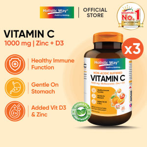 [Bundle of 3] Holistic Way Non-Acidic Buffered Vitamin C 1000mg with Bioflavonoids Zinc & Vitamin D3 – Gentle on Stomach Supports Immunity & Antioxidant Defence — Vegetarian (60 Tablets per bottle)